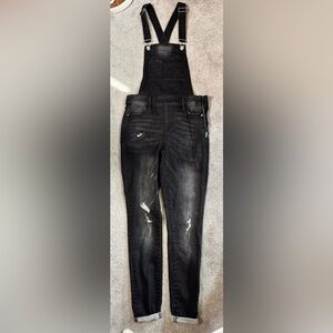 bebe Black Distressed Stretch Skinny Overall Jeans